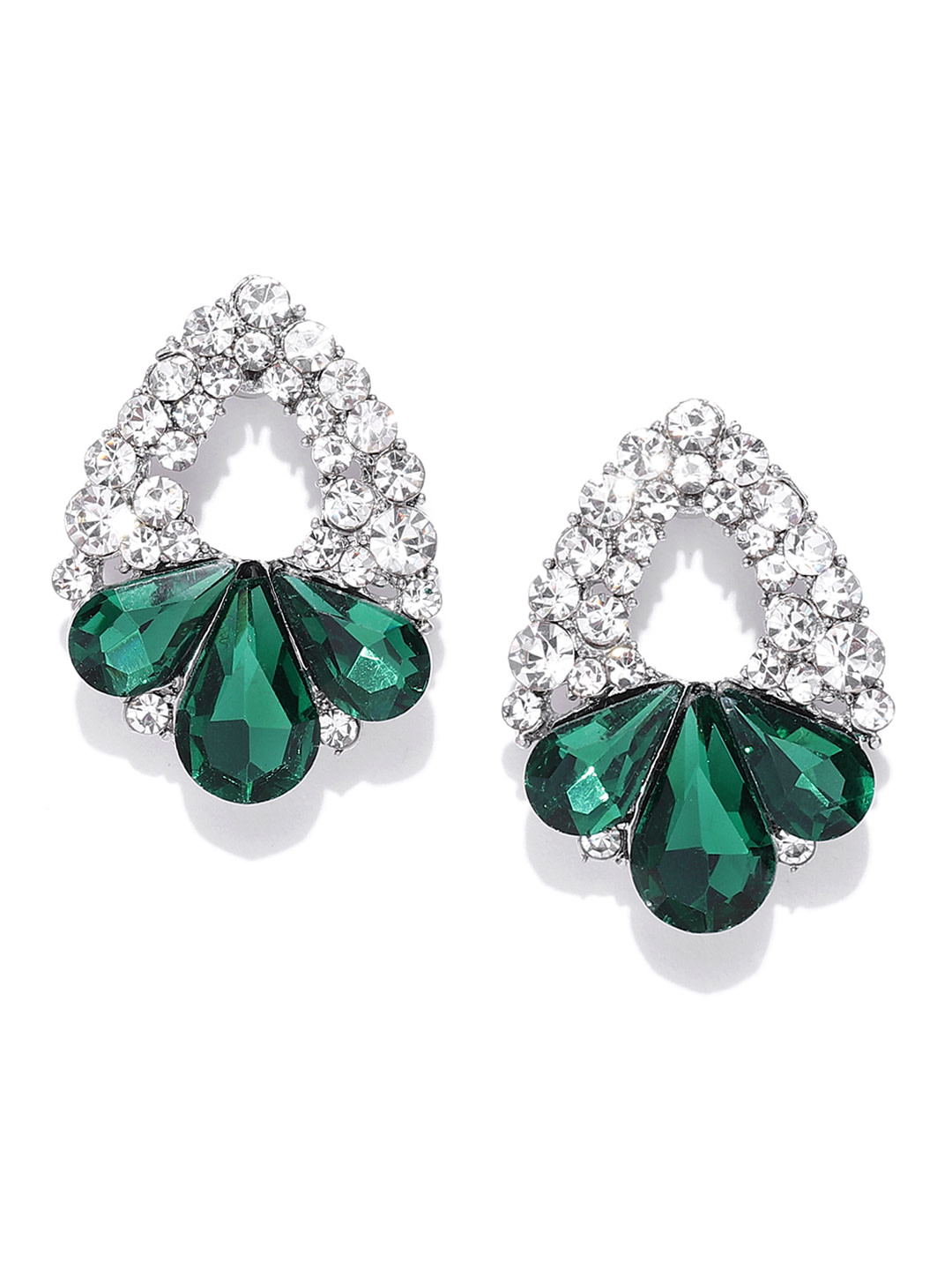 YouBella Green Silver-Plated Stone-Studded Handcrafted Teardrop Earrings