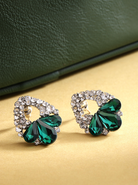 YouBella Green Silver-Plated Stone-Studded Handcrafted Teardrop Earrings