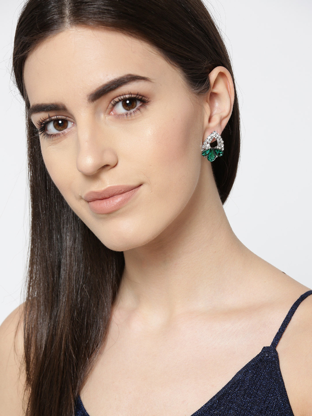 YouBella Green Silver-Plated Stone-Studded Handcrafted Teardrop Earrings
