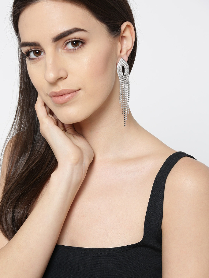 YouBella Silver-Plated Stone-Studded Handcrafted Contemporary Drop Earrings