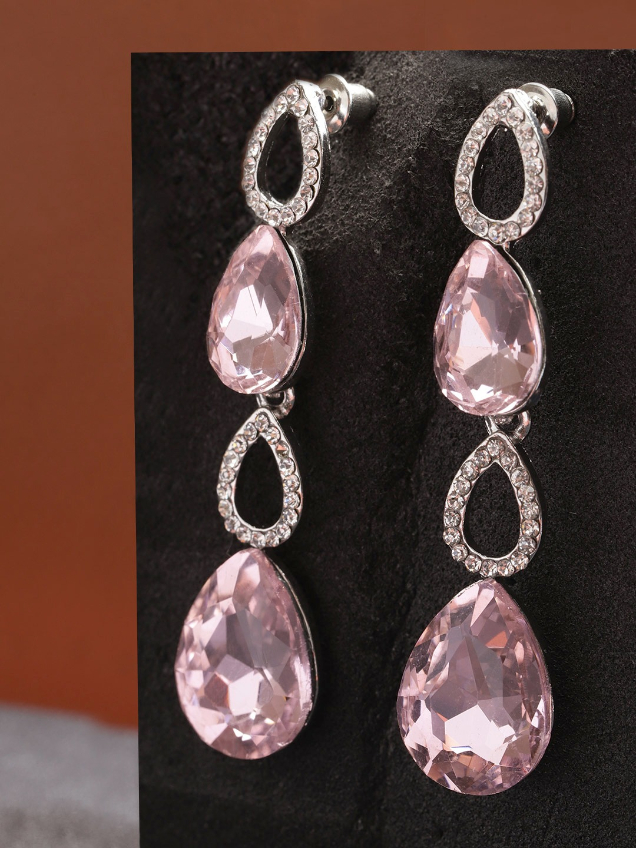 YouBella Pink Stone-Studded Handcrafted Teardrop Earrings