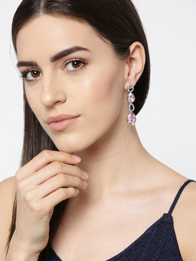 YouBella Pink Stone-Studded Handcrafted Teardrop Earrings