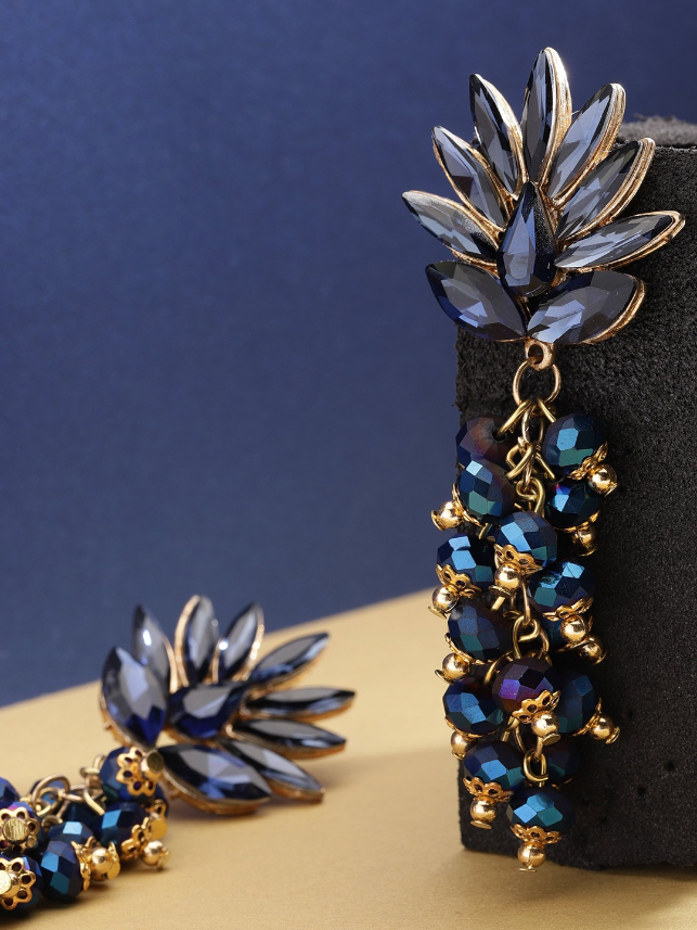 YouBella Navy Blue Stone-Studded  Beaded Handcrafted Contemporary Drop Earrings