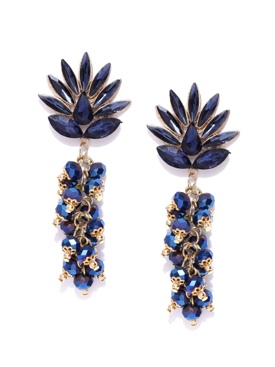 YouBella Navy Blue Stone-Studded  Beaded Handcrafted Contemporary Drop Earrings