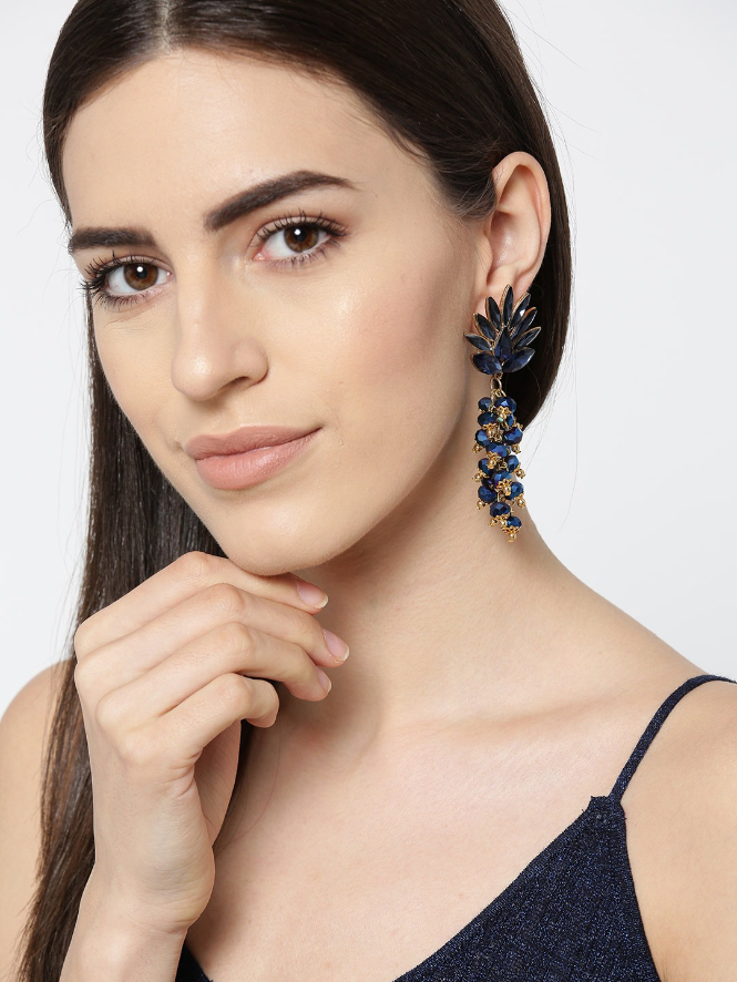 YouBella Navy Blue Stone-Studded  Beaded Handcrafted Contemporary Drop Earrings
