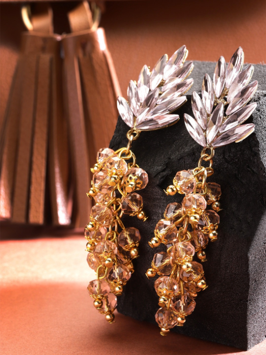 YouBella Pink Stone-Studded  Beaded Handcrafted Contemporary Drop Earrings