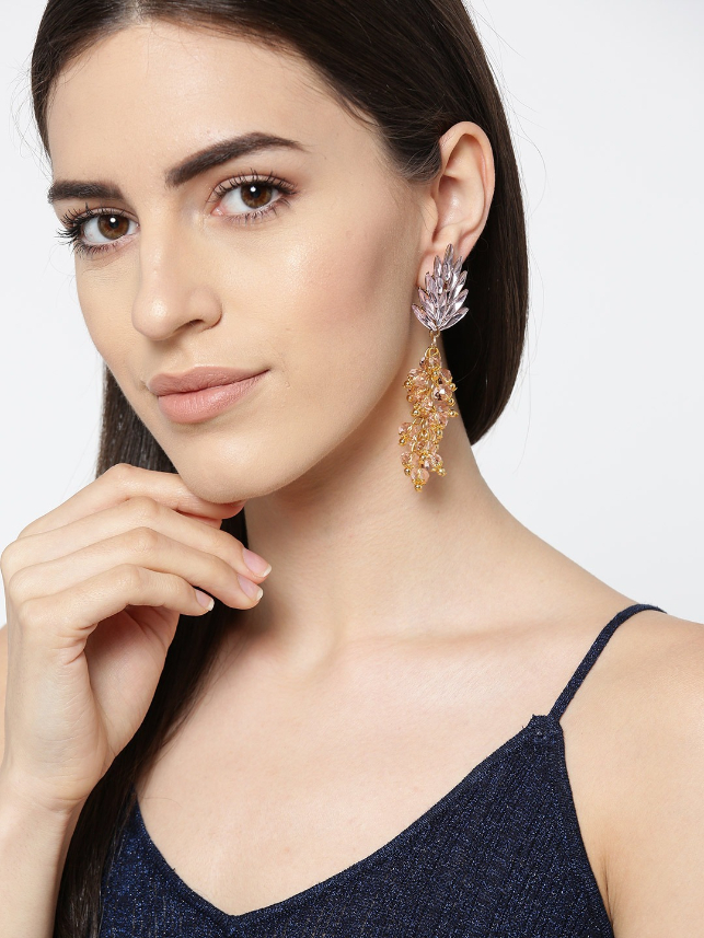 YouBella Pink Stone-Studded  Beaded Handcrafted Contemporary Drop Earrings