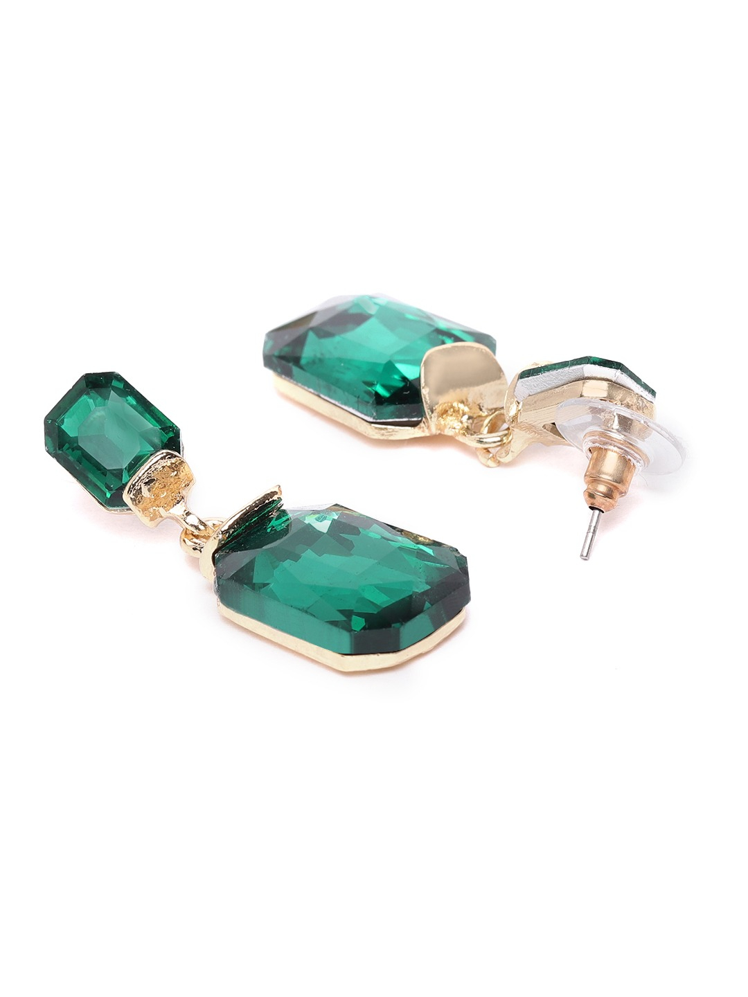YouBella Green Gold-Plated Stone-Studded Geometric Drop Earrings