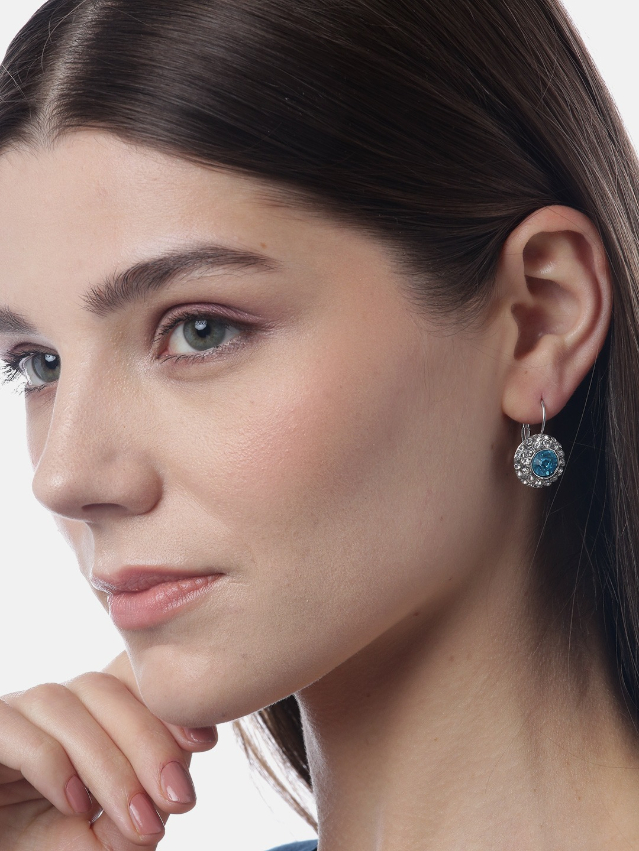 YouBella Blue Silver-Plated Stone-Studded Circular Drop Earrings
