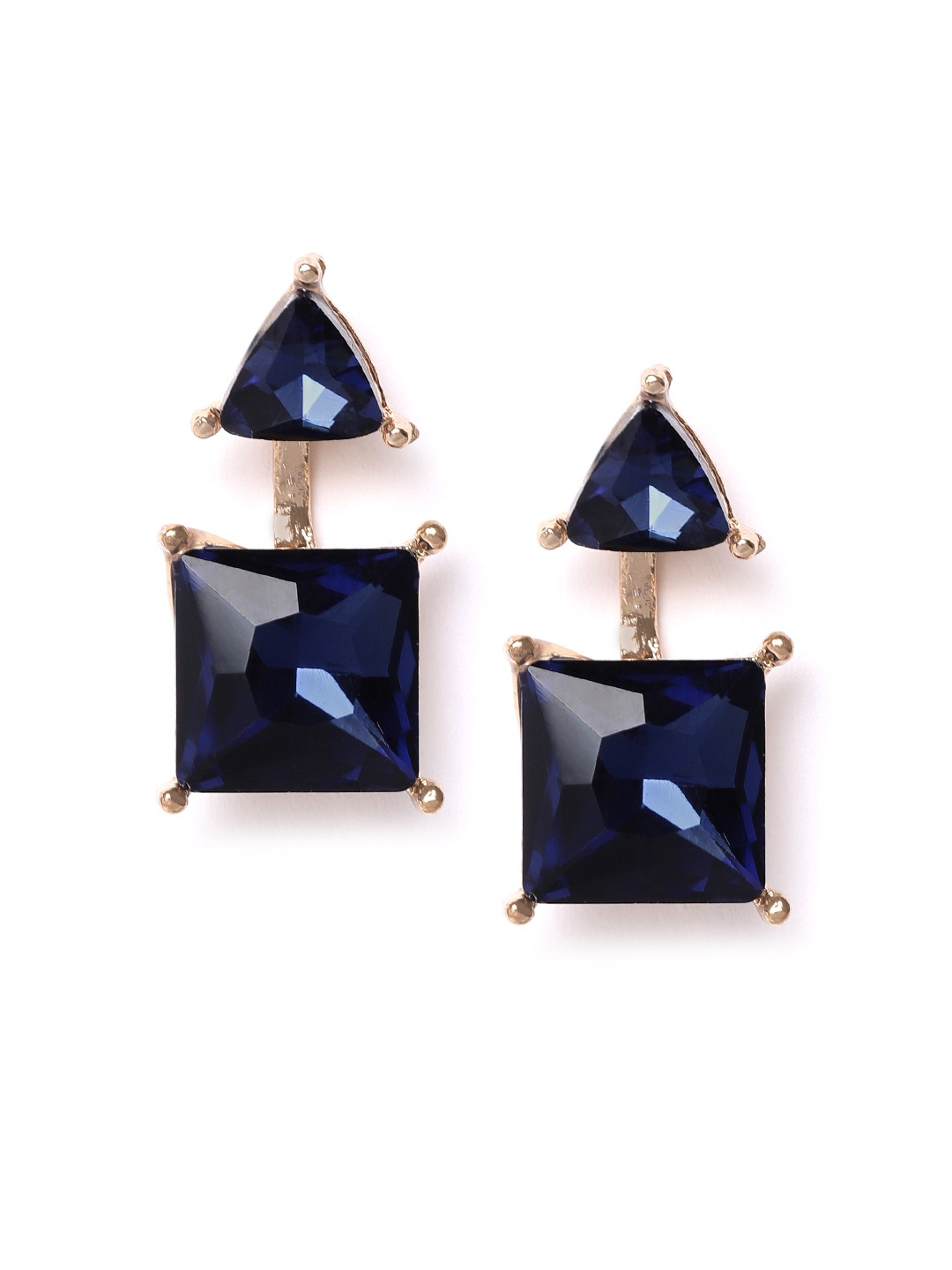 YouBella Navy Blue Gold-Plated Stone-Studded Geometric Jacket Drop Earrings