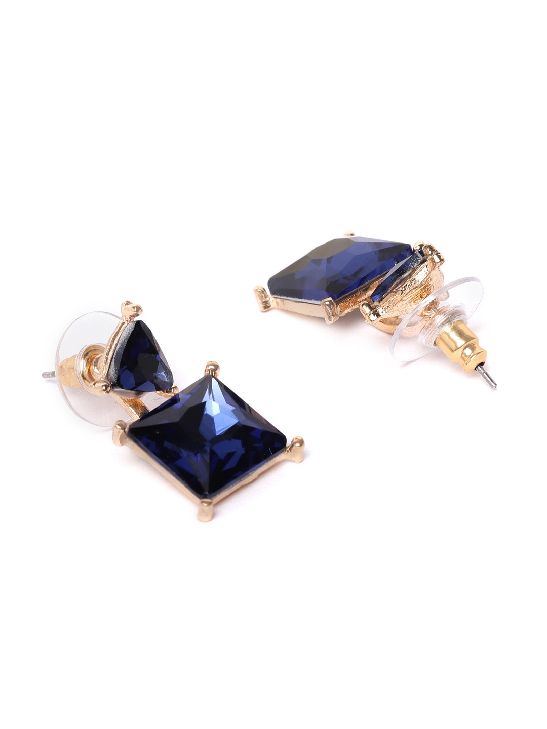 YouBella Navy Blue Gold-Plated Stone-Studded Geometric Jacket Drop Earrings