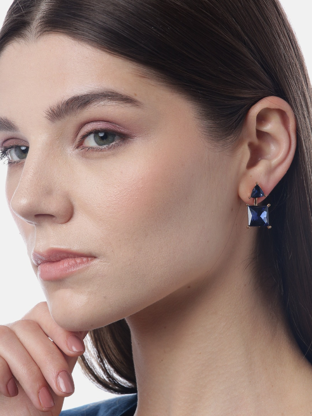 YouBella Navy Blue Gold-Plated Stone-Studded Geometric Jacket Drop Earrings