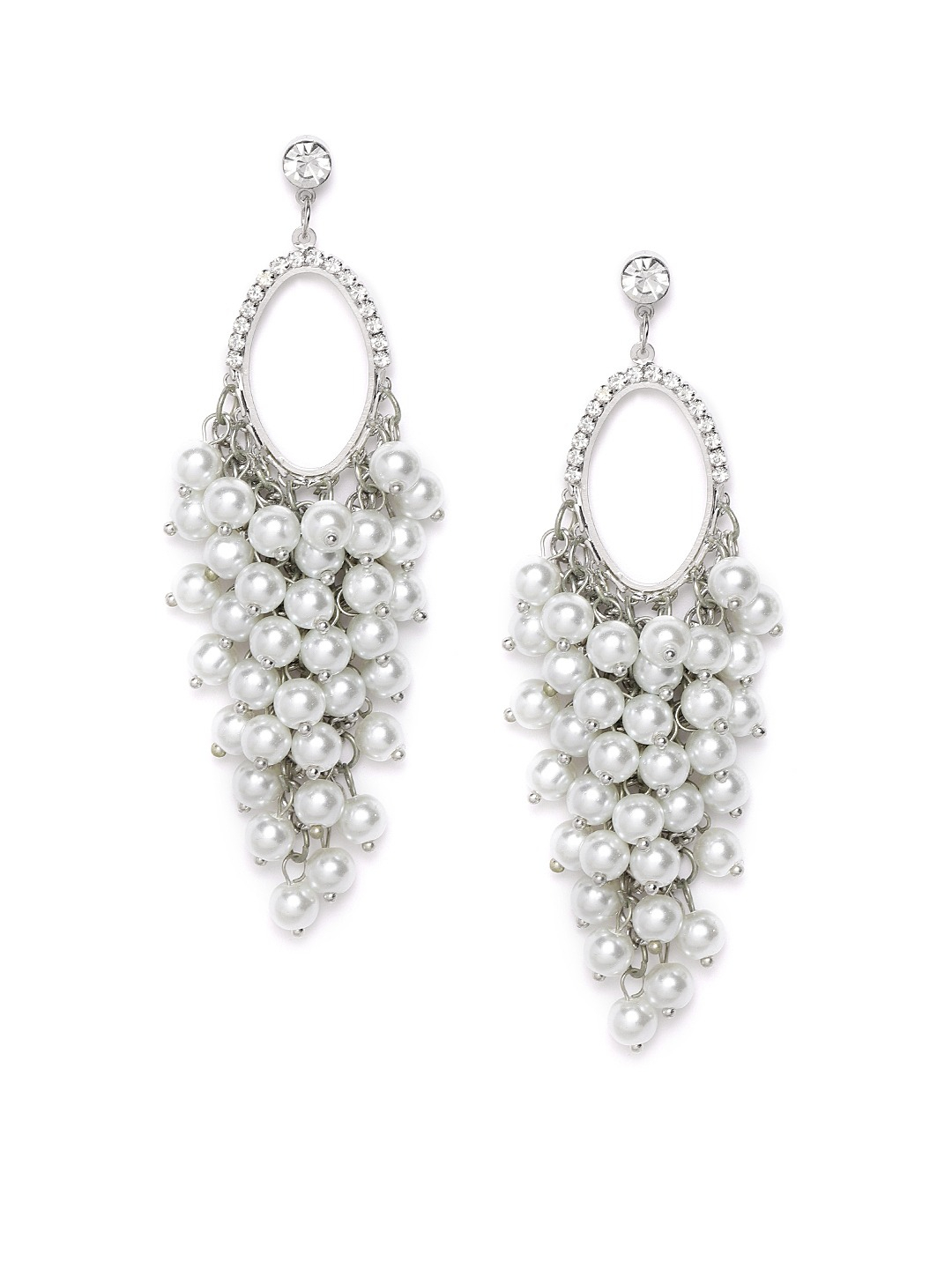 YouBella Off-White Silver-Plated Stone-Studded Beaded Contemporary Drop Earrings