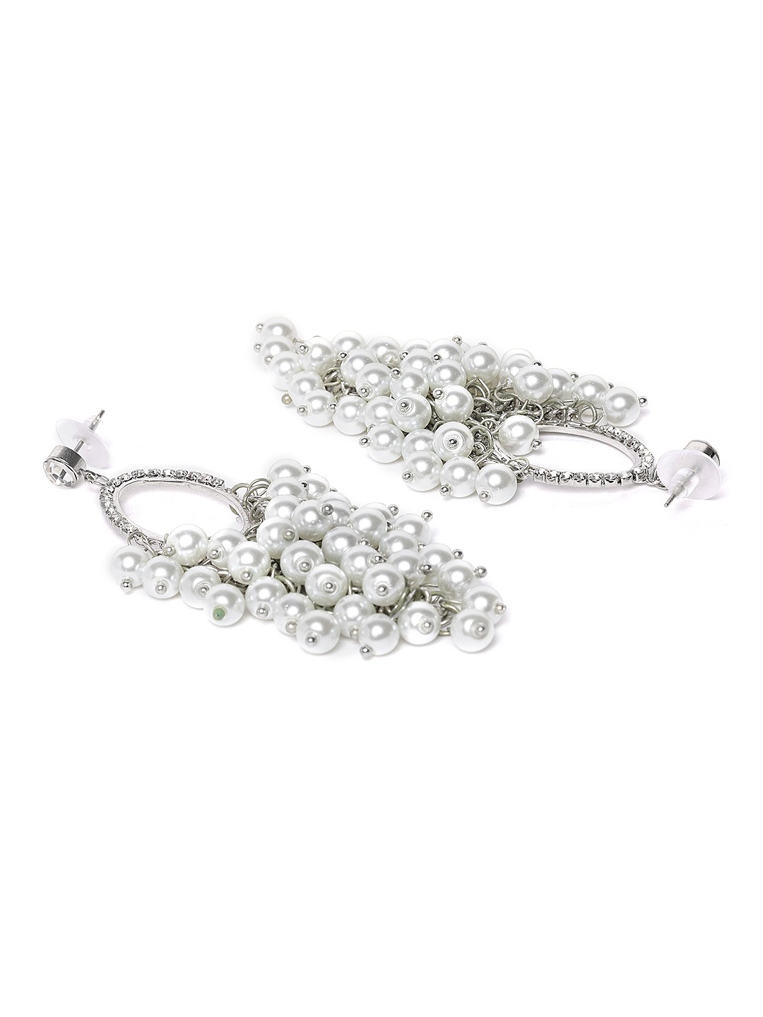 YouBella Off-White Silver-Plated Stone-Studded Beaded Contemporary Drop Earrings