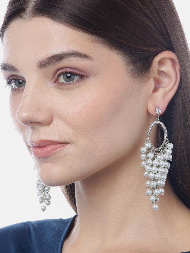 YouBella Off-White Silver-Plated Stone-Studded Beaded Contemporary Drop Earrings