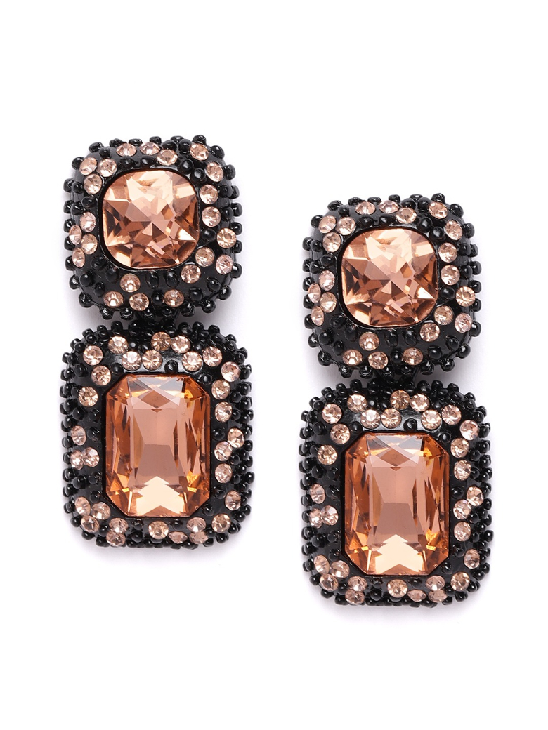 YouBella Peach-Coloured  Black Stone Studded Geometric Drop Earrings