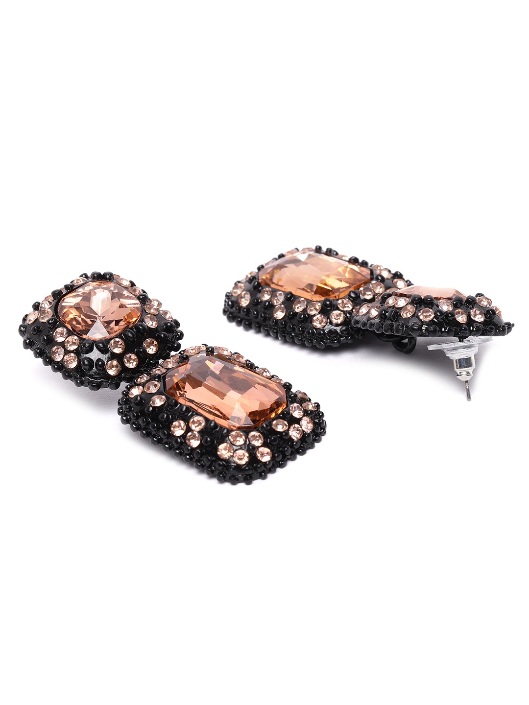YouBella Peach-Coloured  Black Stone Studded Geometric Drop Earrings