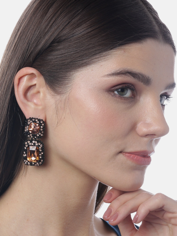 YouBella Peach-Coloured  Black Stone Studded Geometric Drop Earrings