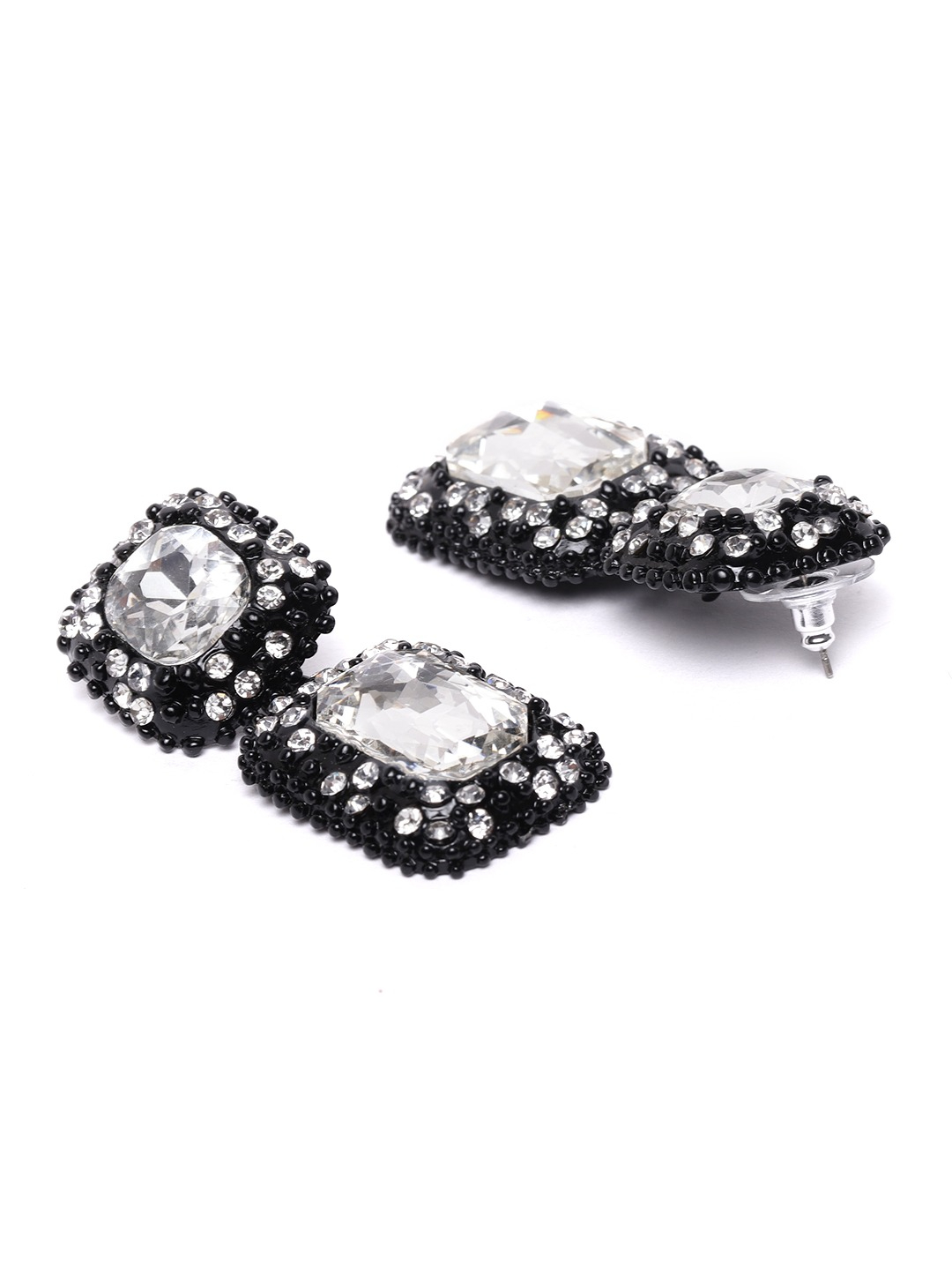 YouBella Black Stone-Studded Geometric Drop Earrings