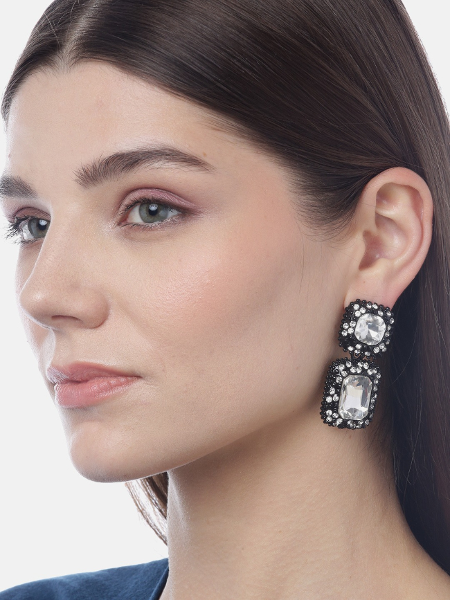 YouBella Black Stone-Studded Geometric Drop Earrings