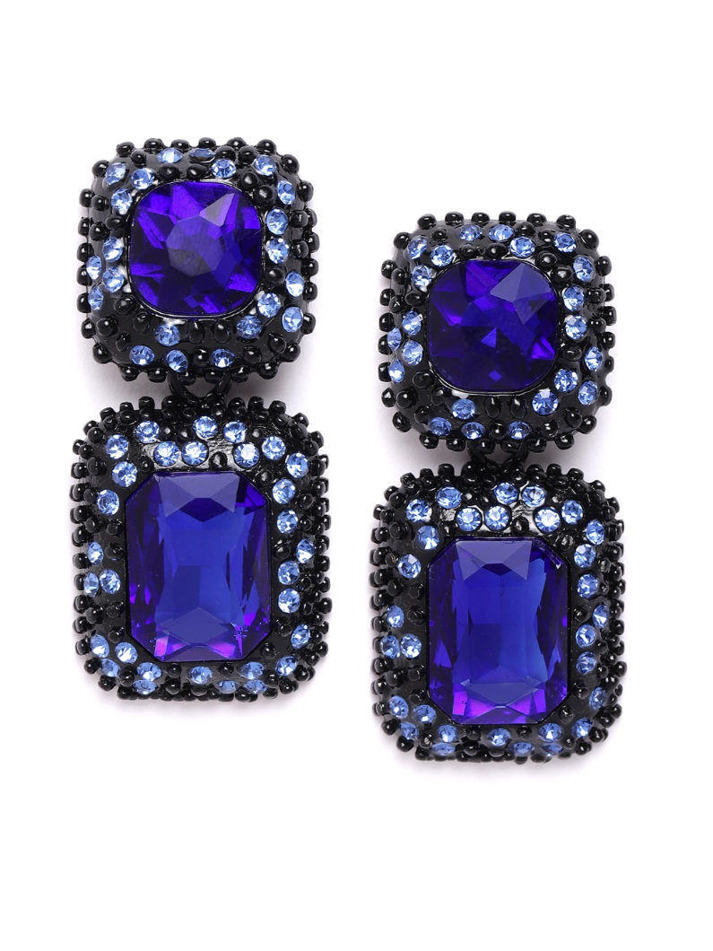YouBella Navy Blue  Black Stone Studded Geometric Drop Earrings
