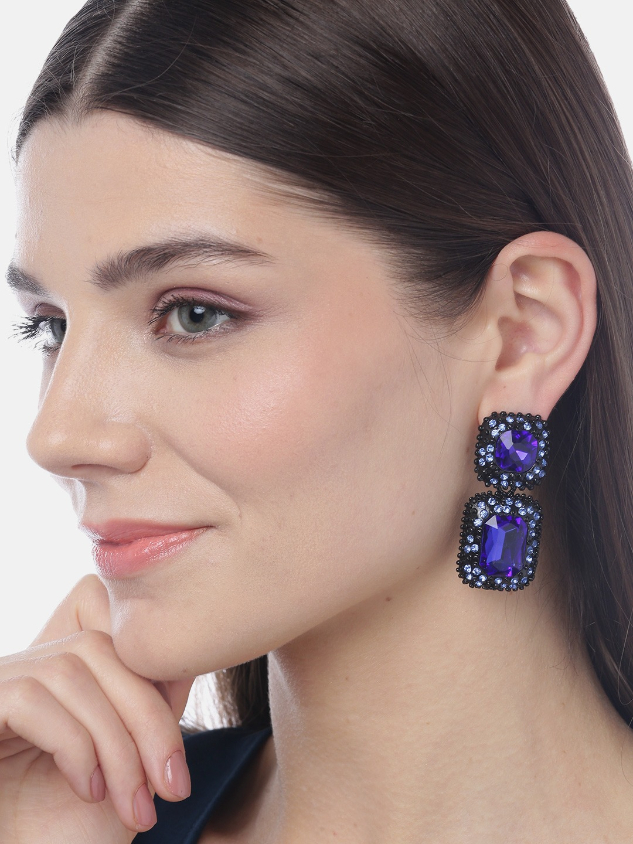 YouBella Navy Blue  Black Stone Studded Geometric Drop Earrings