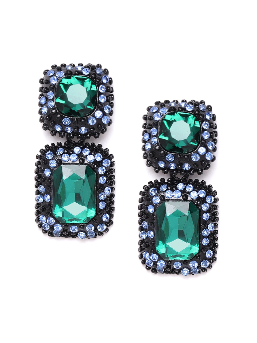 YouBella Green  Black Stone-Studded Geometric Drop Earrings