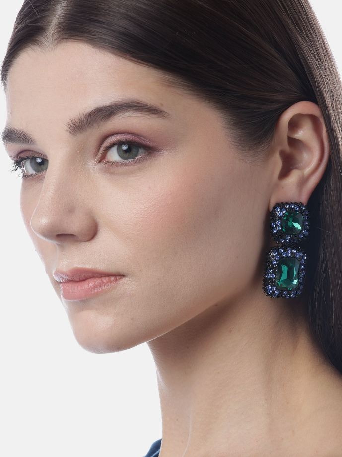 YouBella Green  Black Stone-Studded Geometric Drop Earrings
