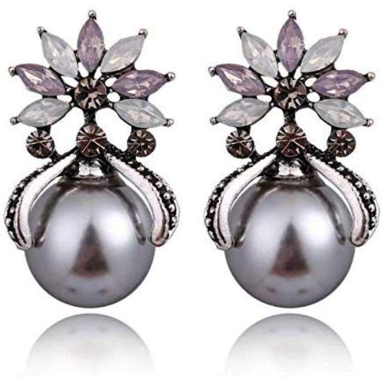 YouBella Crystal Silver Plated Stud Grey Earrings for Girl's and Women's