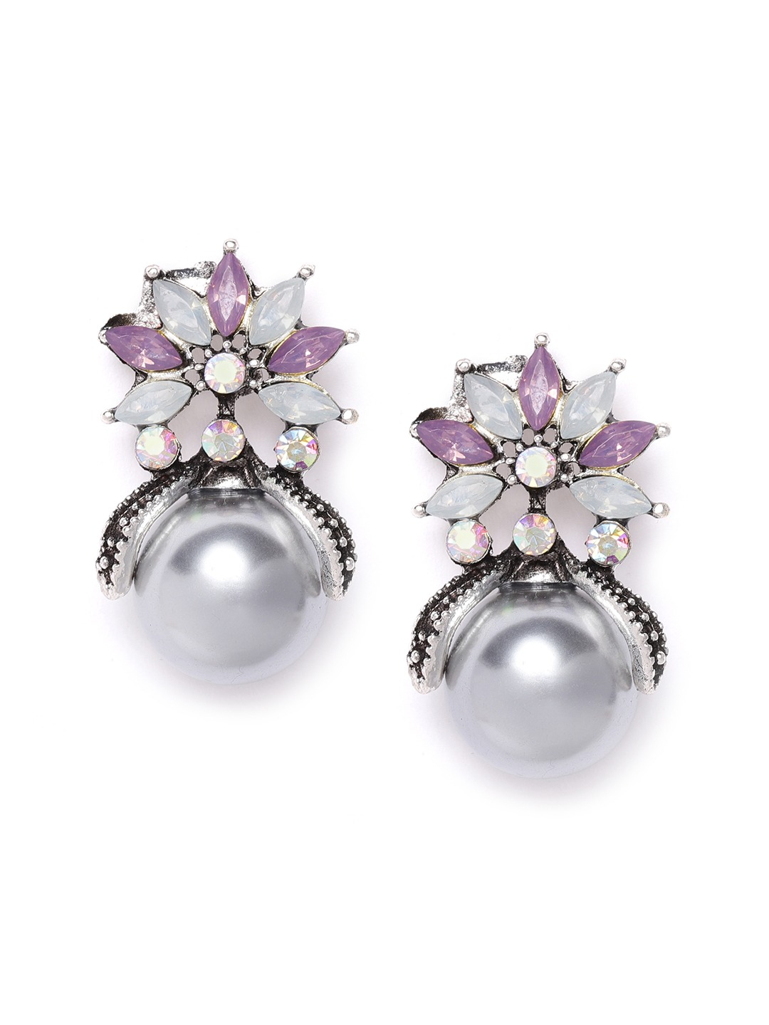 YouBella Purple Silver-Plated Stone-Studded Beaded Spherical Drop Earrings