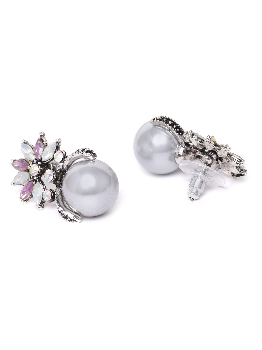 YouBella Purple Silver-Plated Stone-Studded Beaded Spherical Drop Earrings
