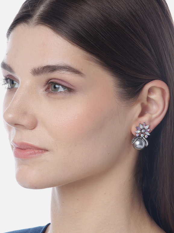 YouBella Purple Silver-Plated Stone-Studded Beaded Spherical Drop Earrings