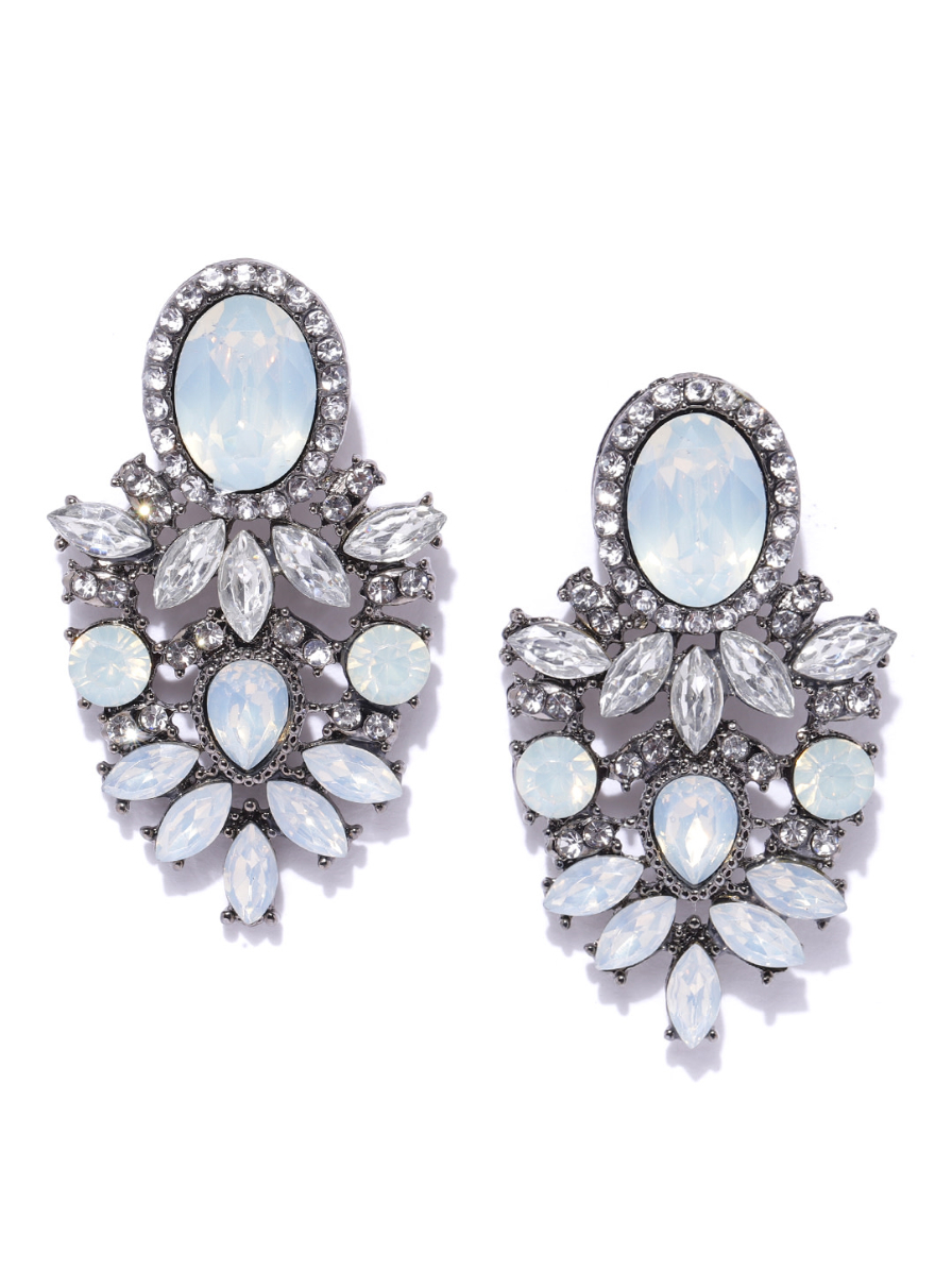 YouBella Off-White Oxidised Silver-Plated Stone-Studded Contemporary Drop Earrings