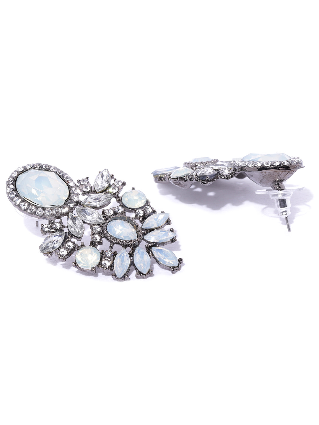 YouBella Off-White Oxidised Silver-Plated Stone-Studded Contemporary Drop Earrings