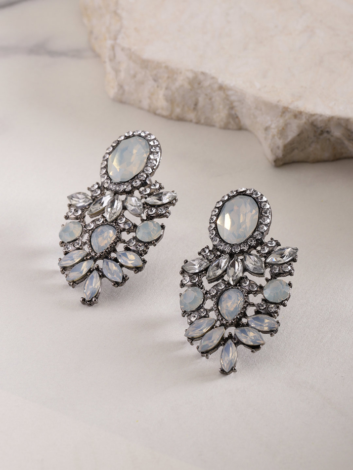 YouBella Off-White Oxidised Silver-Plated Stone-Studded Contemporary Drop Earrings