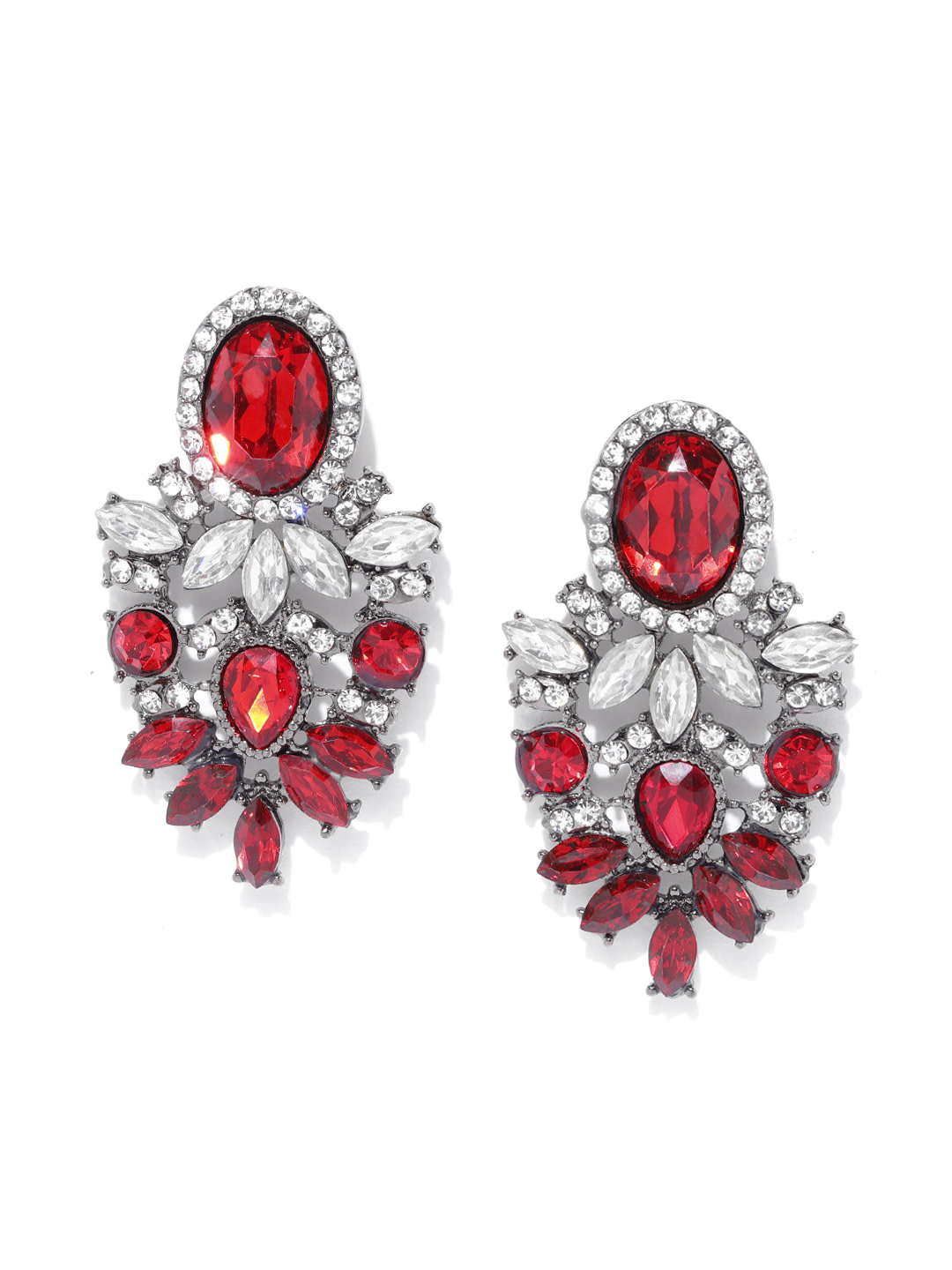 YouBella Red Oxidised Silver-Plated Stone-Studded Contemporary Drop Earrings