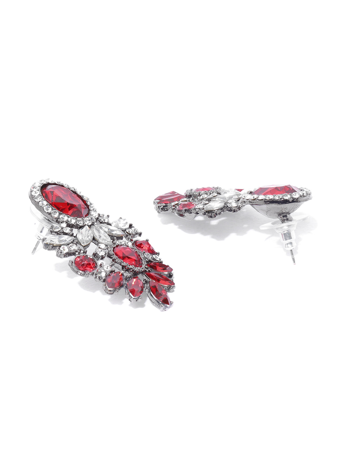 YouBella Red Oxidised Silver-Plated Stone-Studded Contemporary Drop Earrings