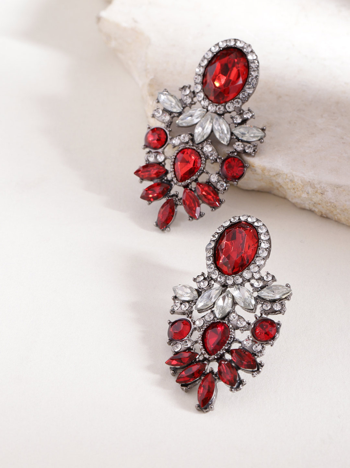 YouBella Red Oxidised Silver-Plated Stone-Studded Contemporary Drop Earrings