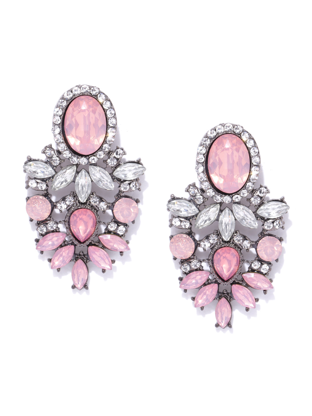 YouBella Pink Oxidised Silver-Plated Stone-Studded Contemporary Drop Earrings