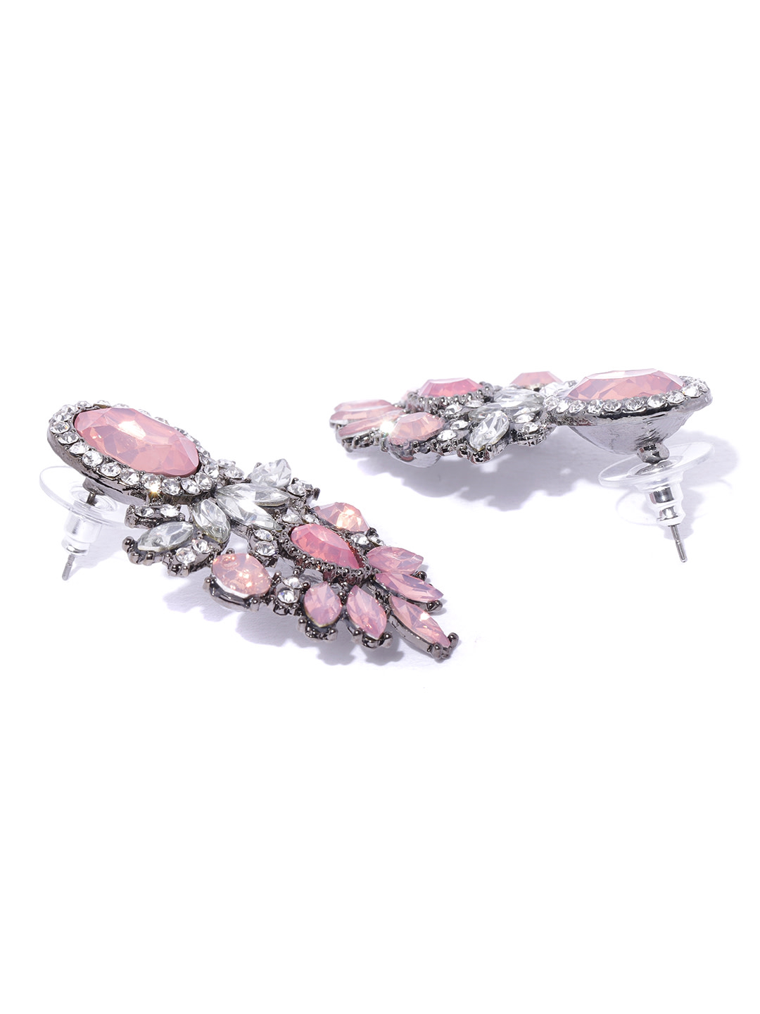 YouBella Pink Oxidised Silver-Plated Stone-Studded Contemporary Drop Earrings