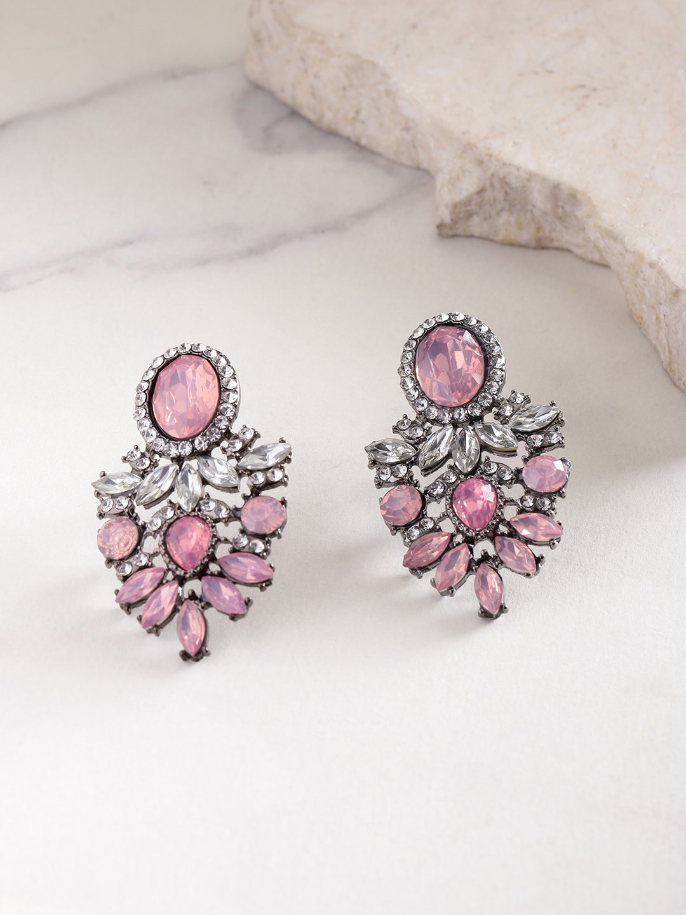 YouBella Pink Oxidised Silver-Plated Stone-Studded Contemporary Drop Earrings