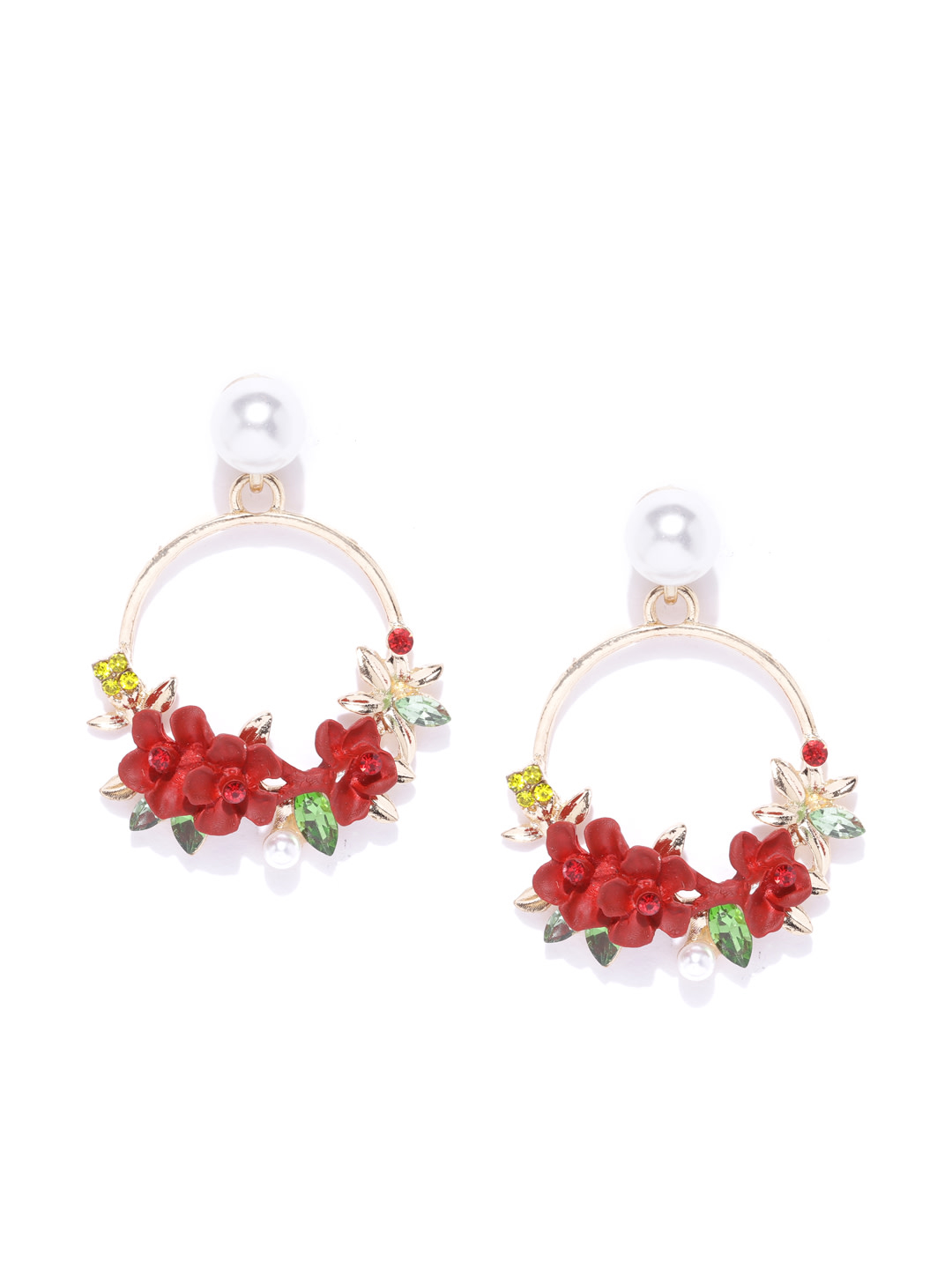 YouBella Red Gold-Plated Stone-Studded  Beaded Floral Drop Earrings