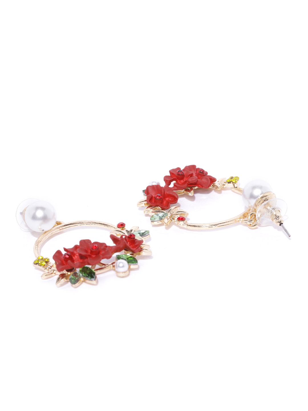 YouBella Red Gold-Plated Stone-Studded  Beaded Floral Drop Earrings