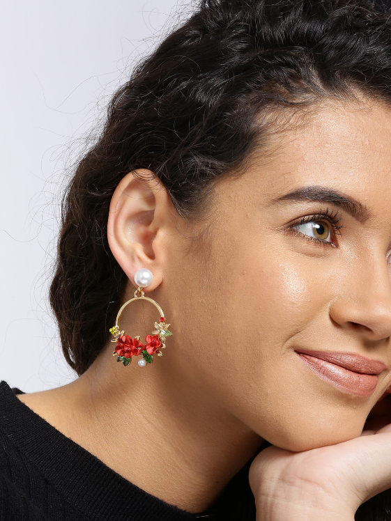YouBella Red Gold-Plated Stone-Studded  Beaded Floral Drop Earrings