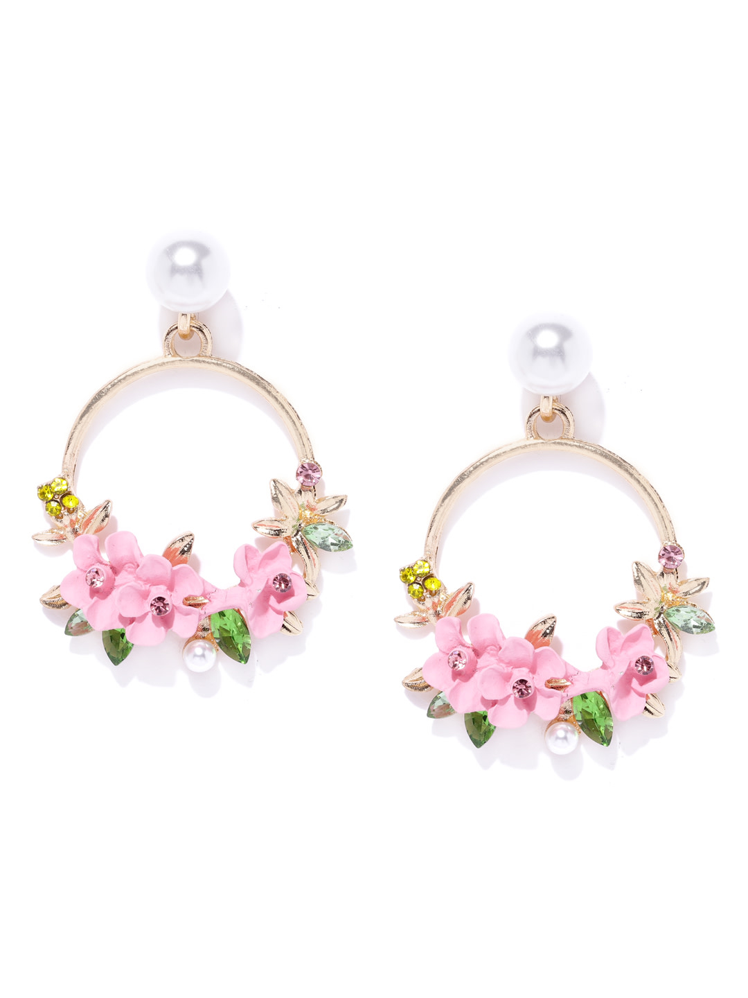 YouBella Pink  Off-White Gold-Plated Stone-Studded Floral Drop Earrings