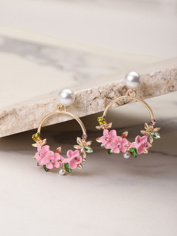 YouBella Pink  Off-White Gold-Plated Stone-Studded Floral Drop Earrings
