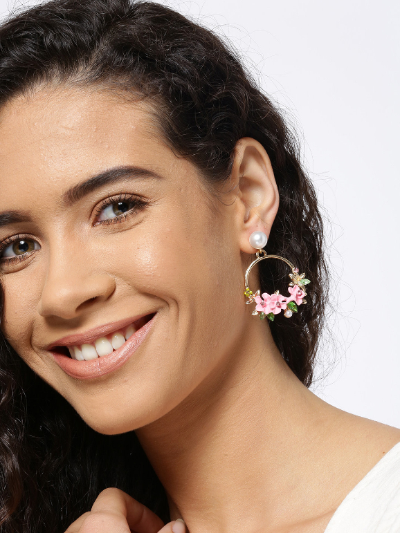 YouBella Pink  Off-White Gold-Plated Stone-Studded Floral Drop Earrings