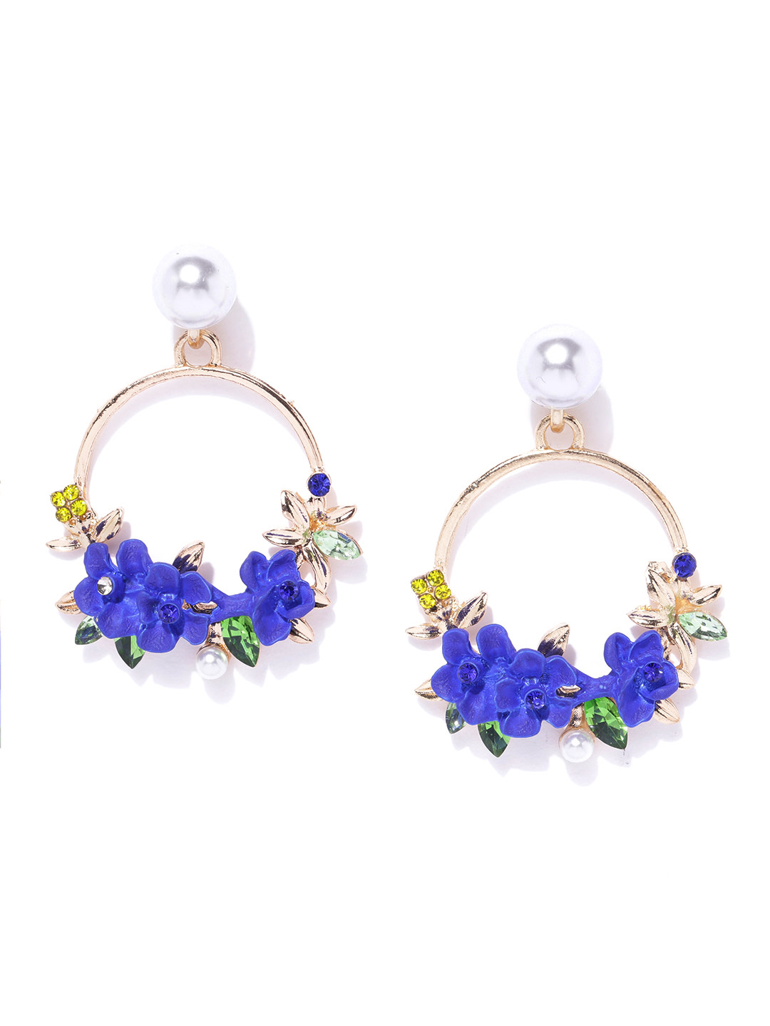 YouBella Blue Gold-Plated Stone-Studded  Beaded Circular Drop Earrings