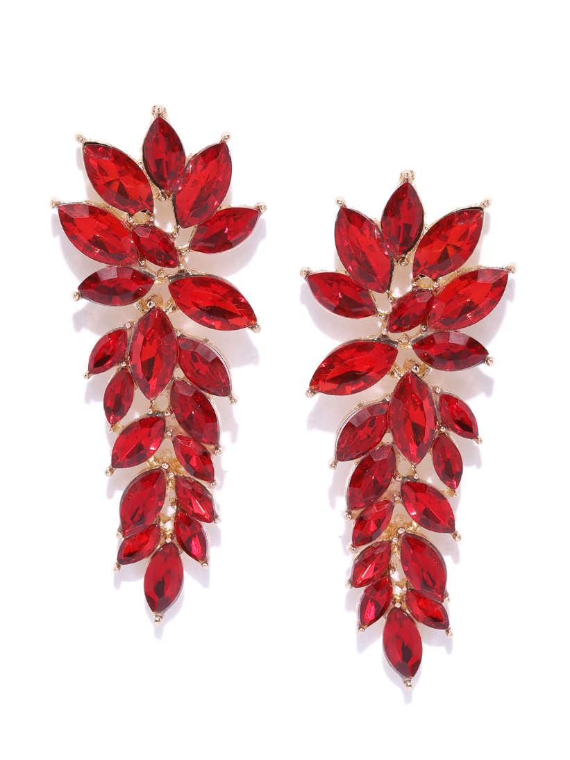 YouBella Red Gold-Plated Stone-Studded Floral Drop Earrings