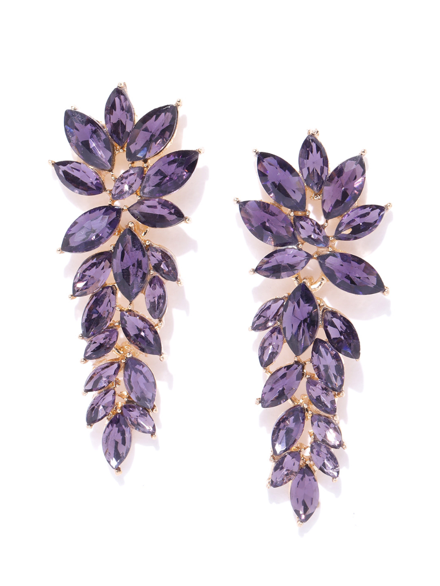YouBella Purple Gold-Plated Stone-Studded Floral Drop Earrings
